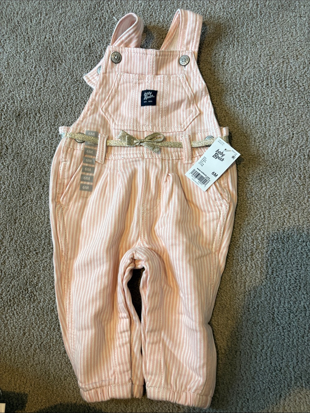 Baby B’Gosh Pink Striped Overalls with Gold Bow